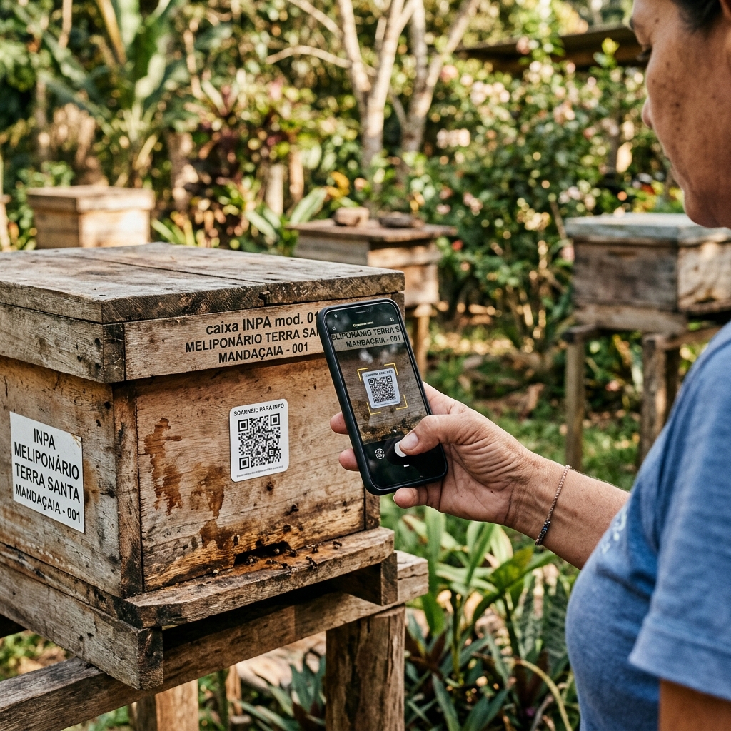 Celular escaneando QR Code na caixa de abelha