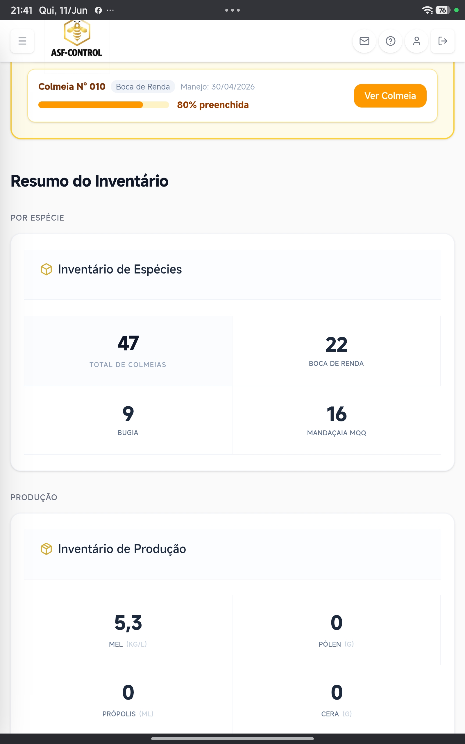 Tela do Dashboard